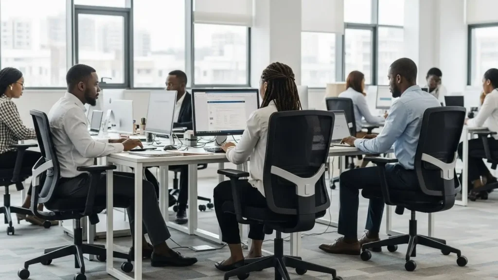 Nigerian professionals working in an office using high-back ergonomic office chairs with armrests